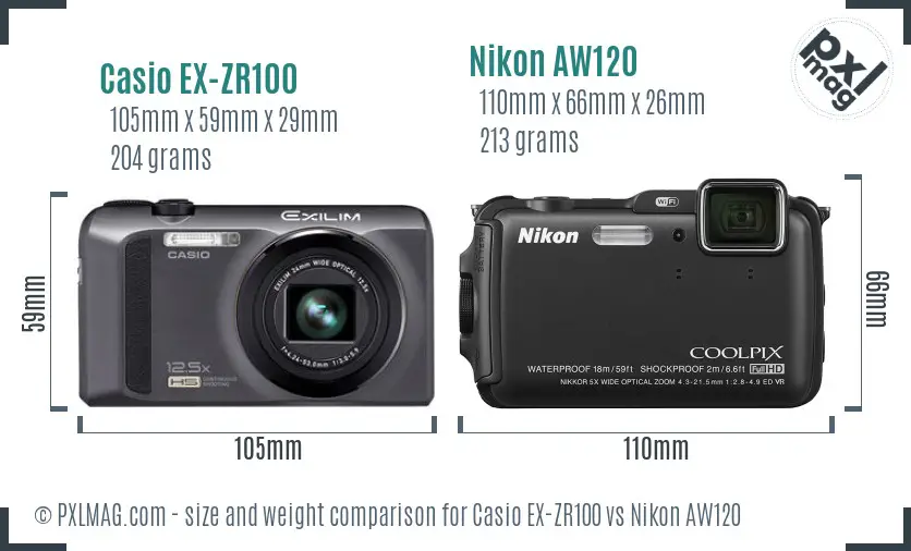 Casio EX-ZR100 vs Nikon AW120 size comparison