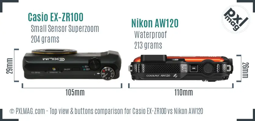 Casio EX-ZR100 vs Nikon AW120 top view buttons comparison