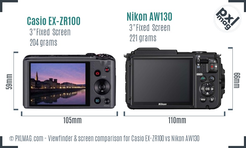 Casio EX-ZR100 vs Nikon AW130 Screen and Viewfinder comparison