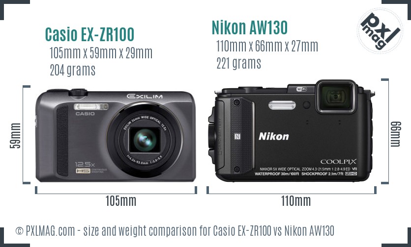 Casio EX-ZR100 vs Nikon AW130 size comparison Casio EX-ZR100 vs Nikon AW130 size comparison