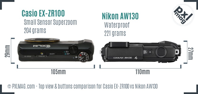 Casio EX-ZR100 vs Nikon AW130 top view buttons comparison