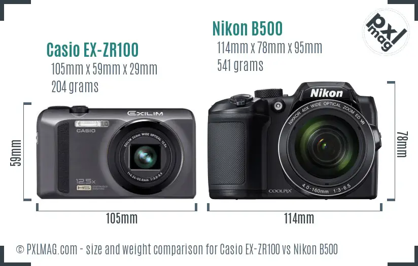 Casio EX-ZR100 vs Nikon B500 size comparison