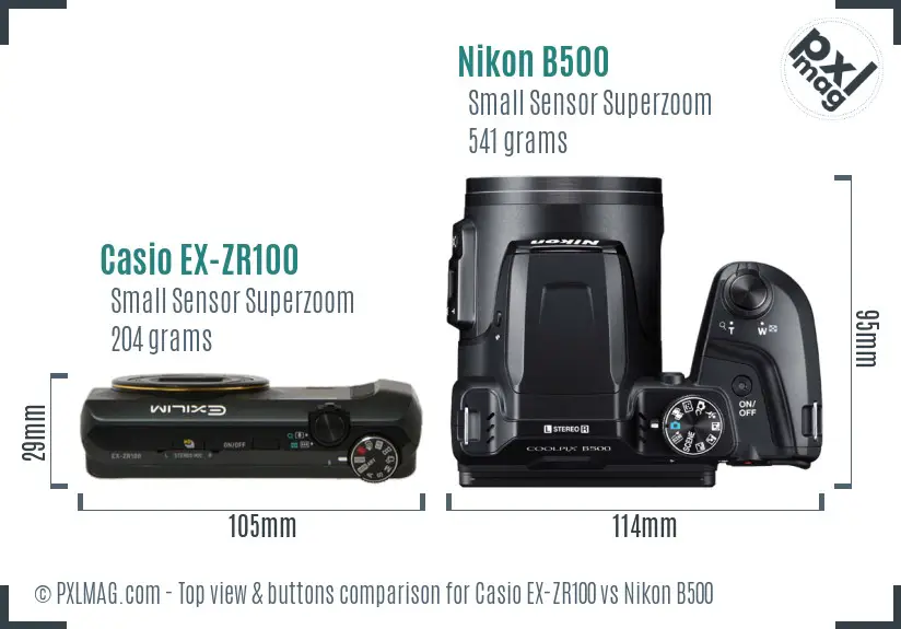Casio EX-ZR100 vs Nikon B500 top view buttons comparison