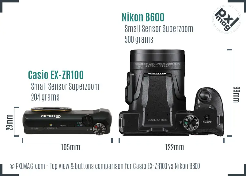 Casio EX-ZR100 vs Nikon B600 top view buttons comparison Casio EX-ZR100 vs Nikon B600 top view buttons comparison