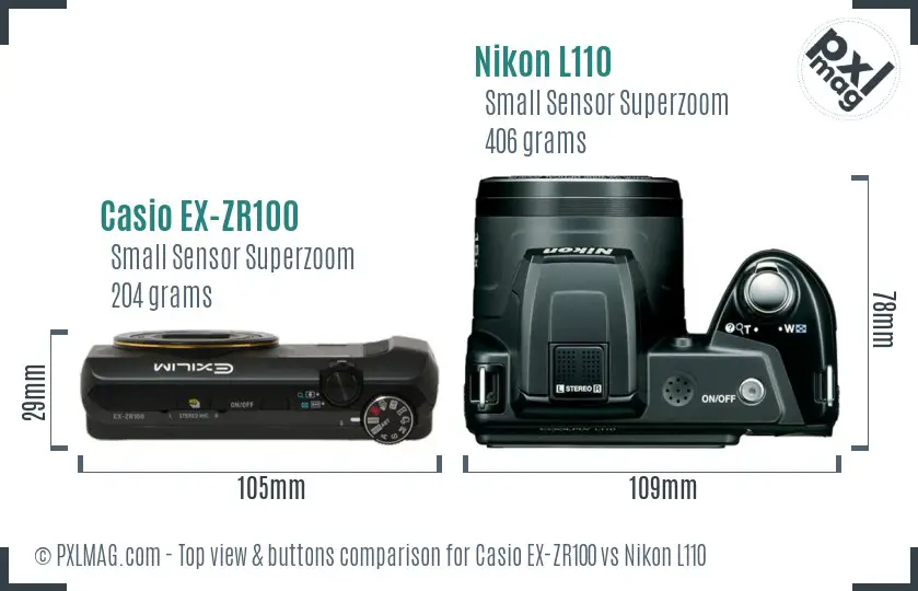 Casio EX-ZR100 vs Nikon L110 top view buttons comparison