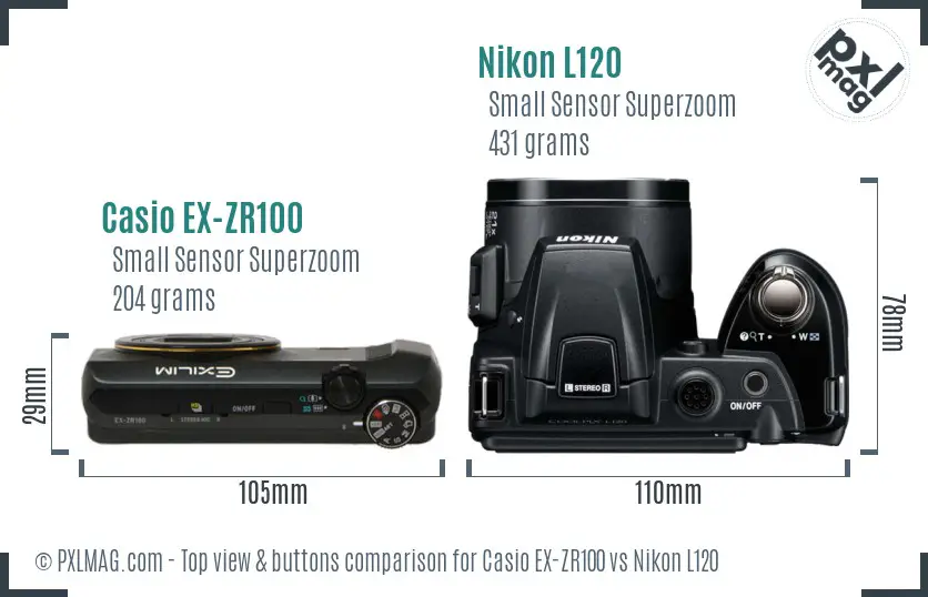 Casio EX-ZR100 vs Nikon L120 top view buttons comparison Casio EX-ZR100 vs Nikon L120 top view buttons comparison