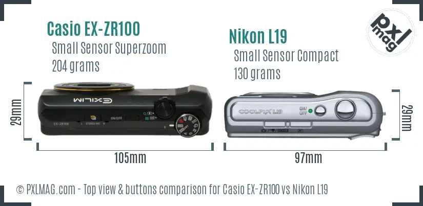 Casio EX-ZR100 vs Nikon L19 top view buttons comparison Casio EX-ZR100 vs Nikon L19 top view buttons comparison