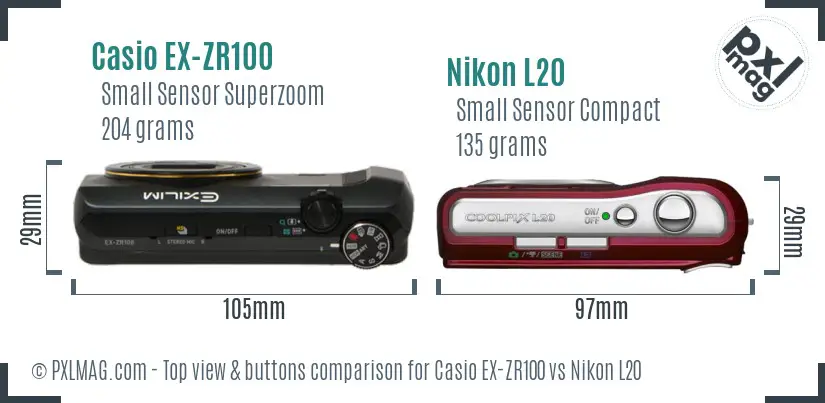 Casio EX-ZR100 vs Nikon L20 top view buttons comparison Casio EX-ZR100 vs Nikon L20 top view buttons comparison