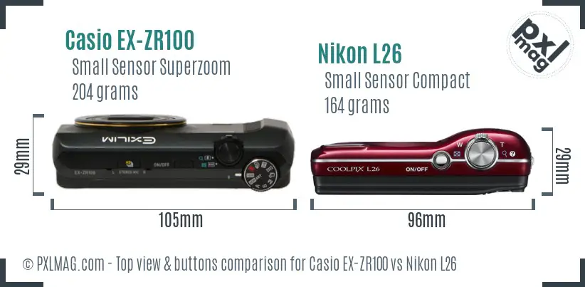 Casio EX-ZR100 vs Nikon L26 top view buttons comparison Casio EX-ZR100 vs Nikon L26 top view buttons comparison