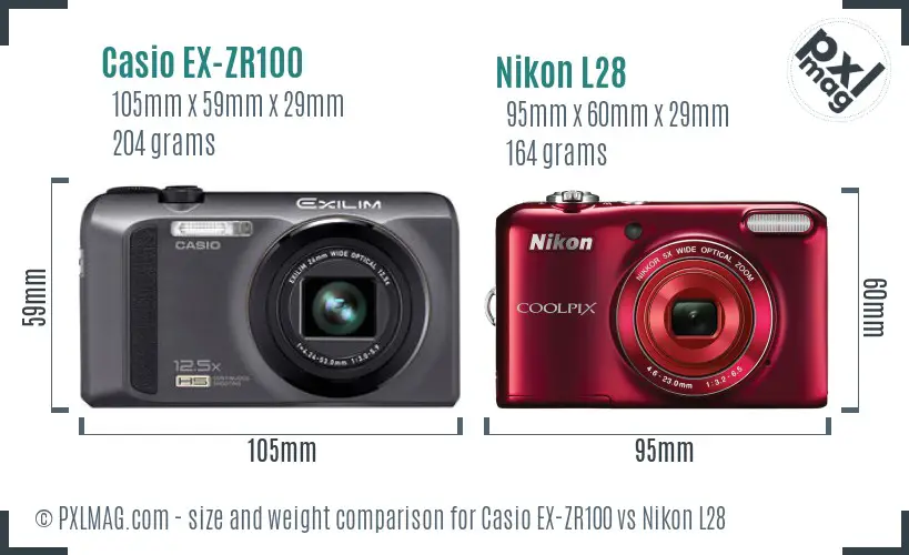 Casio EX-ZR100 vs Nikon L28 size comparison