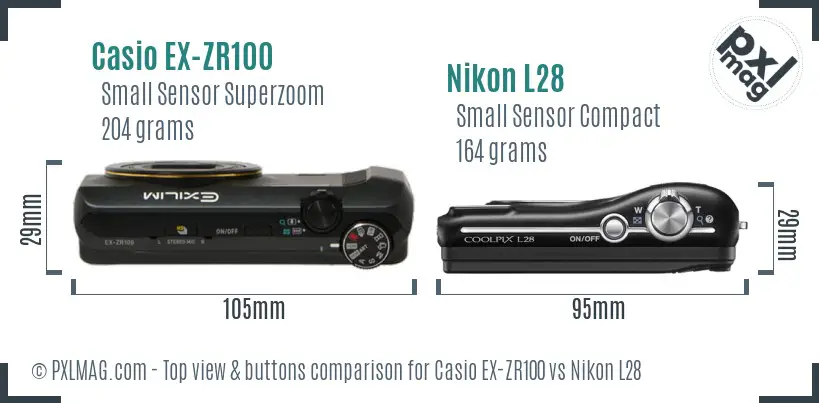 Casio EX-ZR100 vs Nikon L28 top view buttons comparison
