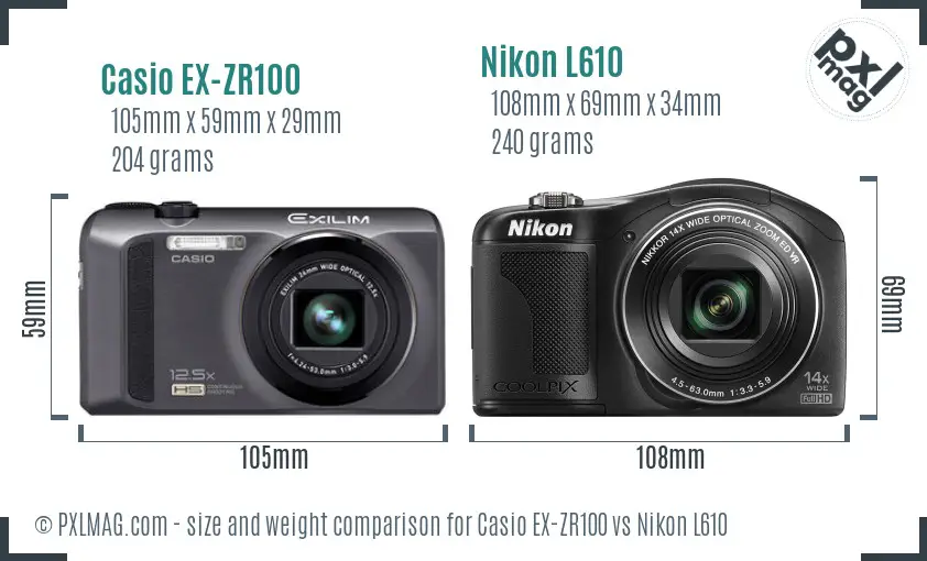 Casio EX-ZR100 vs Nikon L610 size comparison
