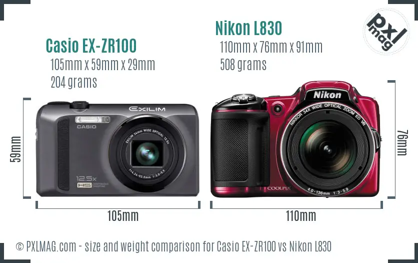 Casio EX-ZR100 vs Nikon L830 size comparison