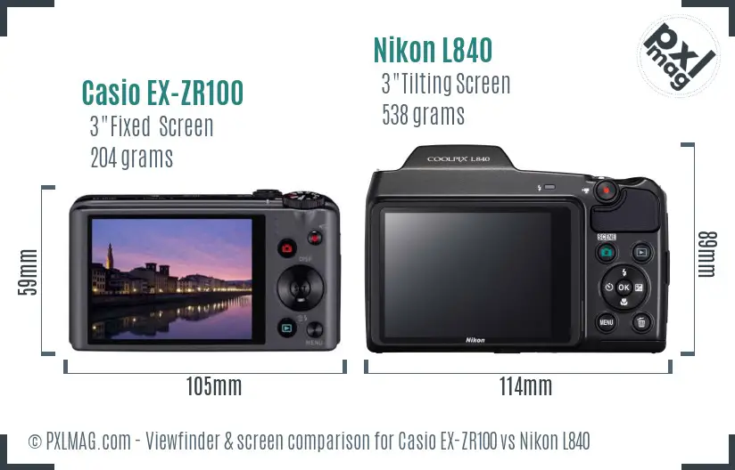 Casio EX-ZR100 vs Nikon L840 Screen and Viewfinder comparison