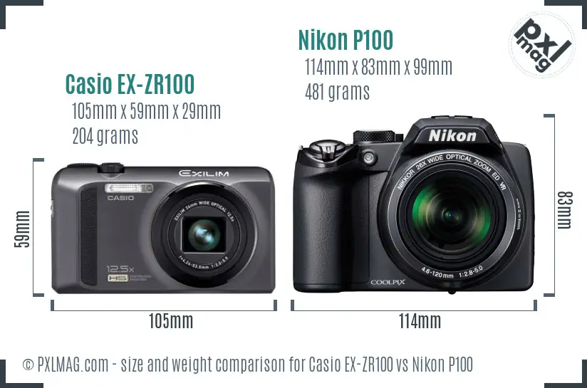 Casio EX-ZR100 vs Nikon P100 size comparison
