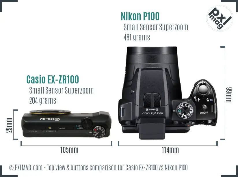 Casio EX-ZR100 vs Nikon P100 top view buttons comparison