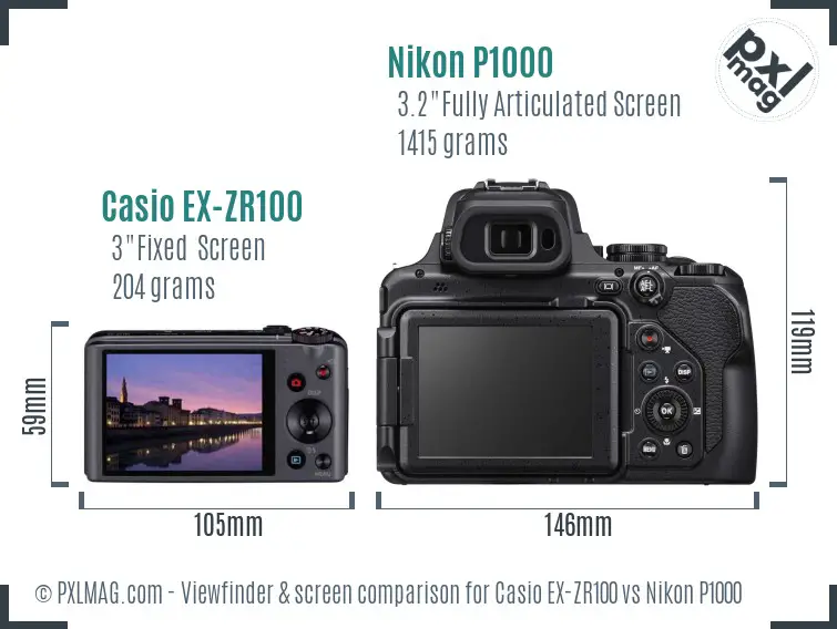 Casio EX-ZR100 vs Nikon P1000 Screen and Viewfinder comparison