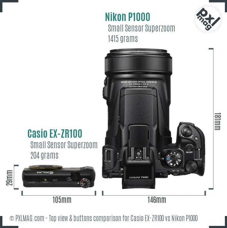 Casio EX-ZR100 vs Nikon P1000 top view buttons comparison