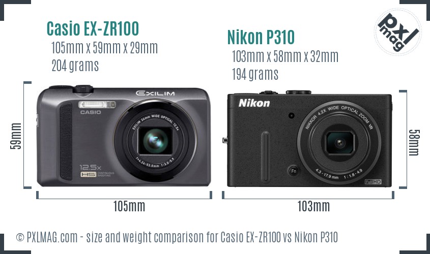 Casio EX-ZR100 vs Nikon P310 size comparison
