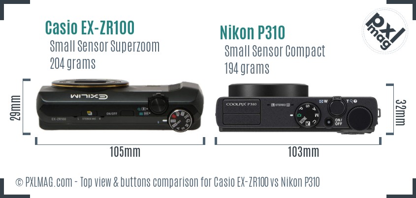 Casio EX-ZR100 vs Nikon P310 top view buttons comparison