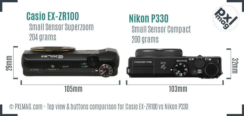 Casio EX-ZR100 vs Nikon P330 top view buttons comparison Casio EX-ZR100 vs Nikon P330 top view buttons comparison