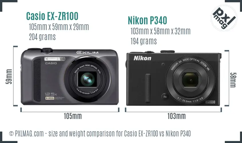 Casio EX-ZR100 vs Nikon P340 size comparison