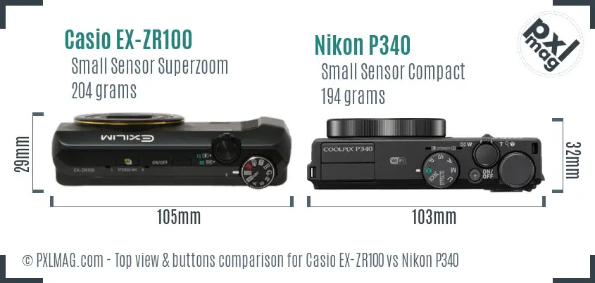 Casio EX-ZR100 vs Nikon P340 top view buttons comparison