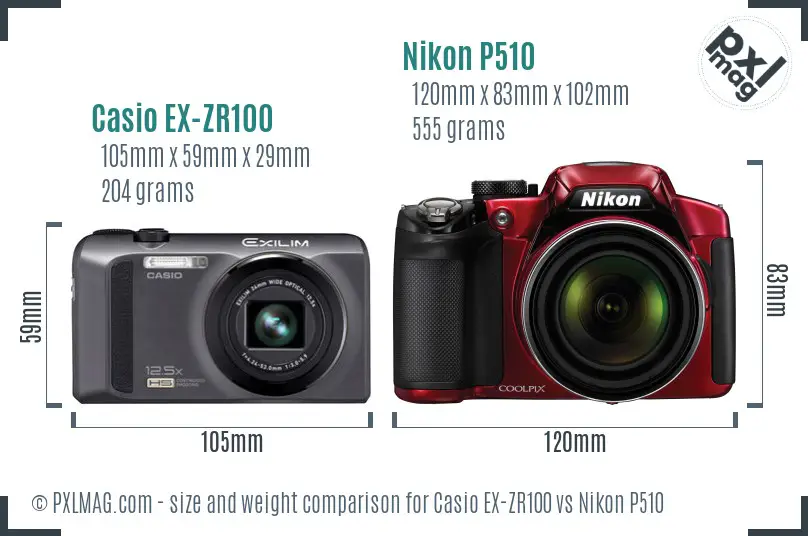 Casio EX-ZR100 vs Nikon P510 size comparison Casio EX-ZR100 vs Nikon P510 size comparison