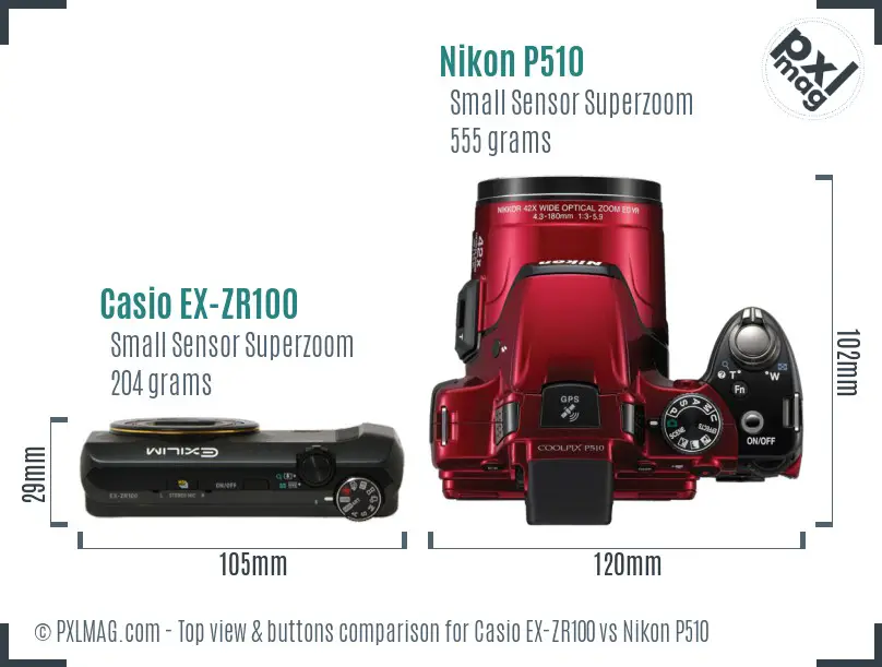 Casio EX-ZR100 vs Nikon P510 top view buttons comparison Casio EX-ZR100 vs Nikon P510 top view buttons comparison