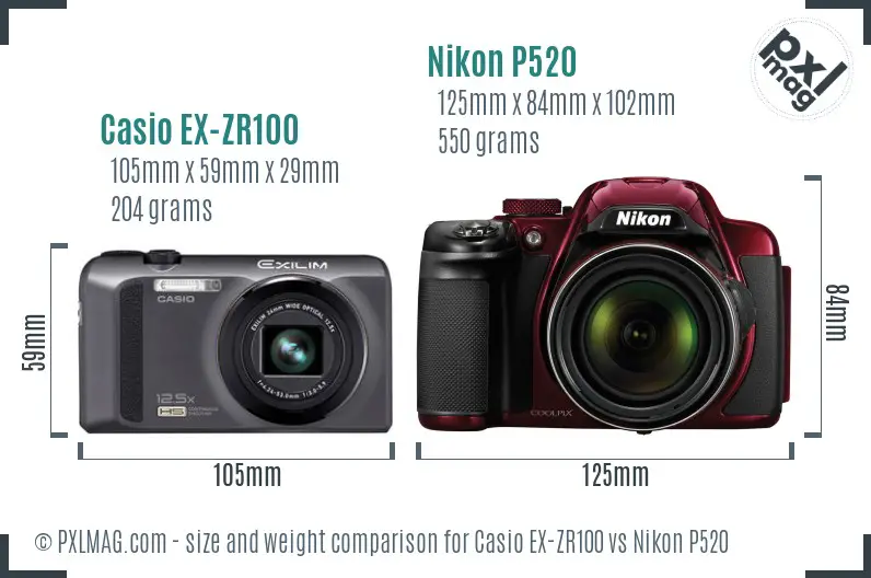 Casio EX-ZR100 vs Nikon P520 size comparison Casio EX-ZR100 vs Nikon P520 size comparison