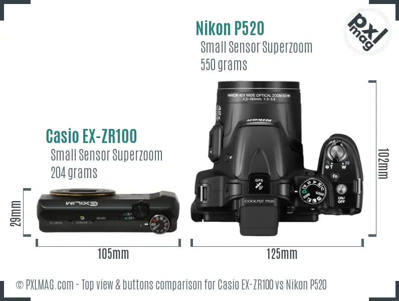 Casio EX-ZR100 vs Nikon P520 top view buttons comparison Casio EX-ZR100 vs Nikon P520 top view buttons comparison
