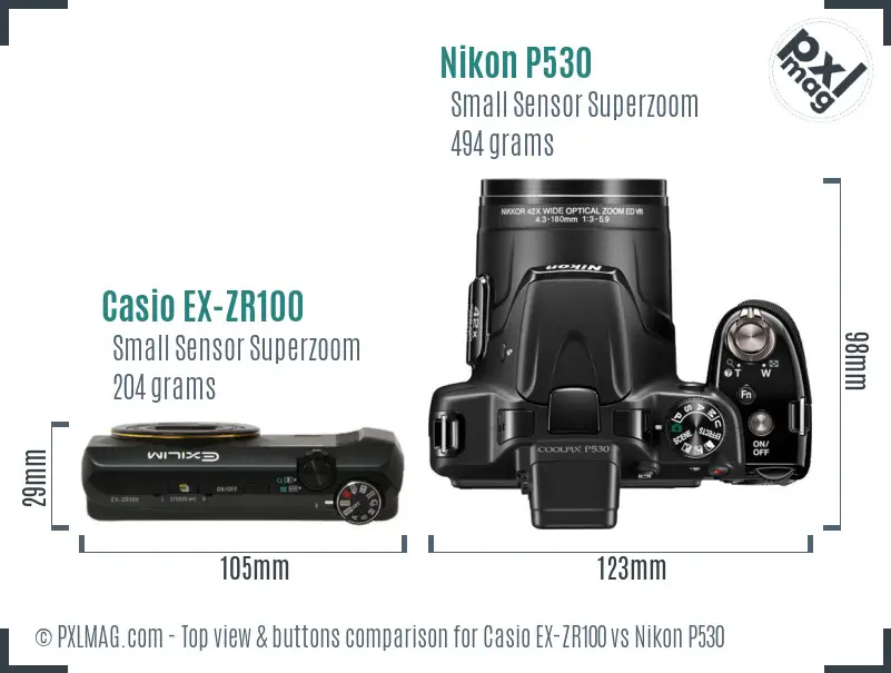 Casio EX-ZR100 vs Nikon P530 top view buttons comparison