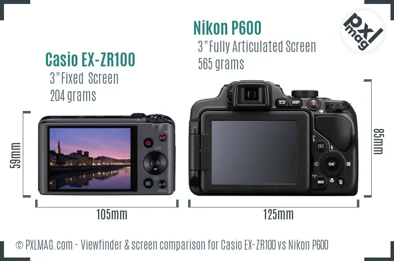 Casio EX-ZR100 vs Nikon P600 Screen and Viewfinder comparison