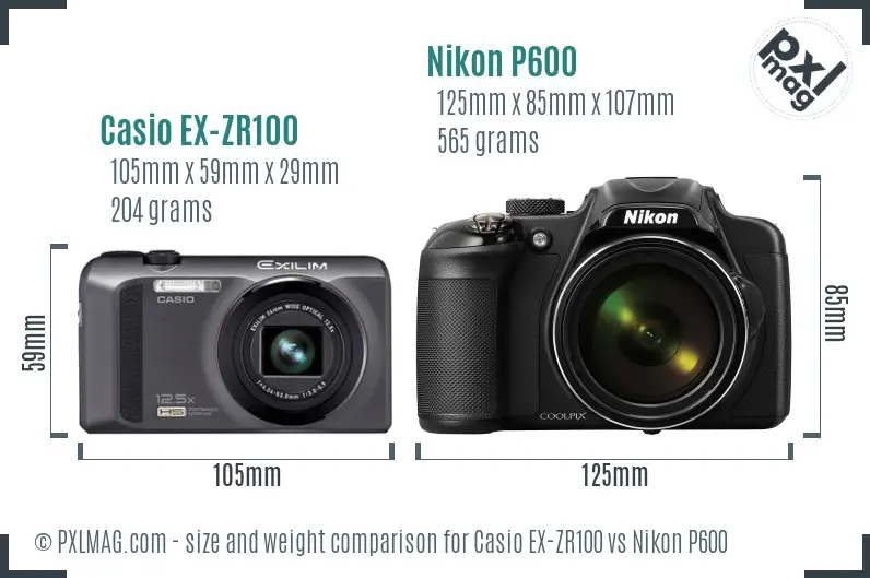 Casio EX-ZR100 vs Nikon P600 size comparison