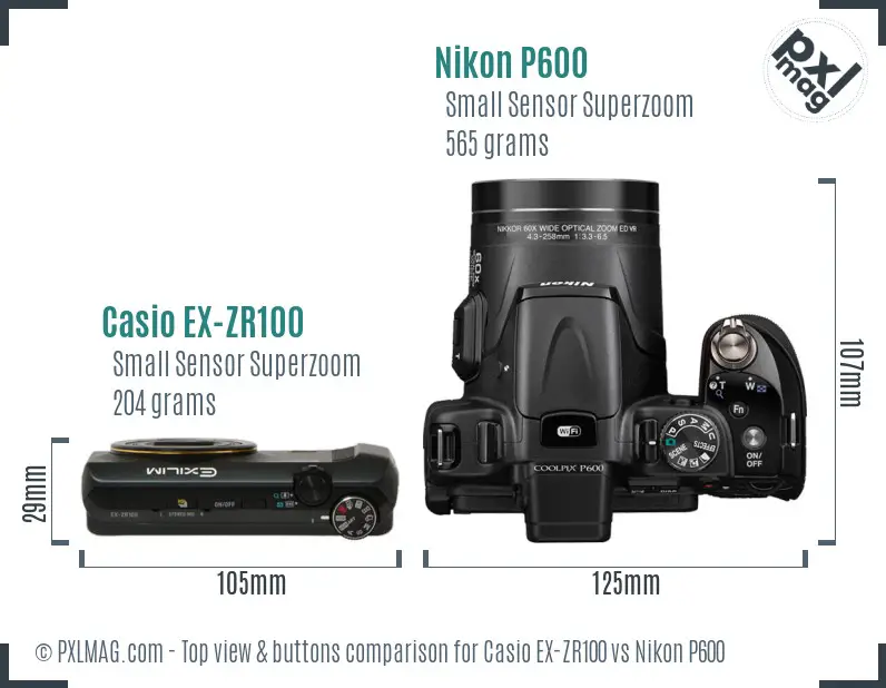 Casio EX-ZR100 vs Nikon P600 top view buttons comparison