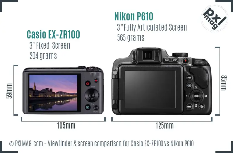 Casio EX-ZR100 vs Nikon P610 Screen and Viewfinder comparison