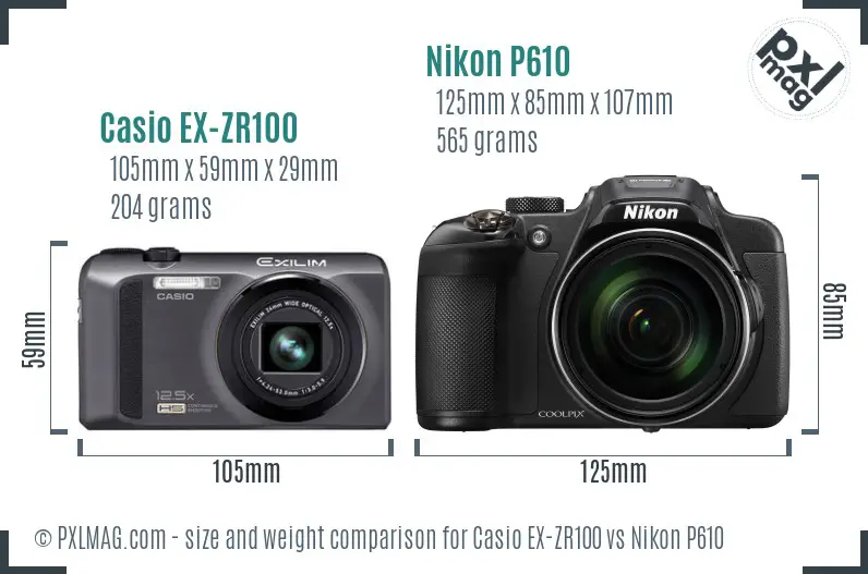 Casio EX-ZR100 vs Nikon P610 size comparison