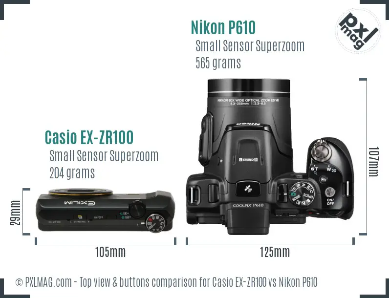 Casio EX-ZR100 vs Nikon P610 top view buttons comparison