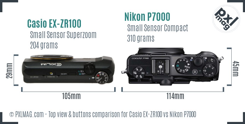 Casio EX-ZR100 vs Nikon P7000 top view buttons comparison