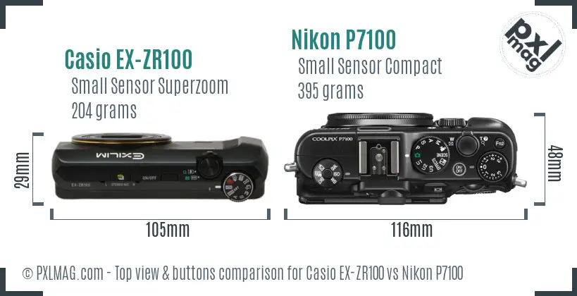 Casio EX-ZR100 vs Nikon P7100 top view buttons comparison Casio EX-ZR100 vs Nikon P7100 top view buttons comparison