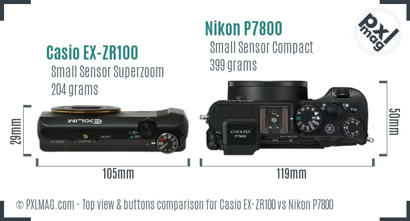 Casio EX-ZR100 vs Nikon P7800 top view buttons comparison Casio EX-ZR100 vs Nikon P7800 top view buttons comparison