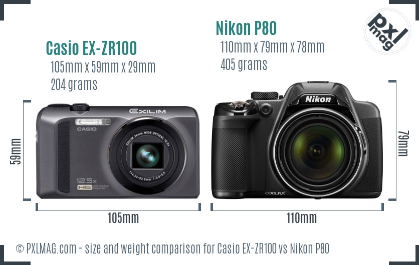 Casio EX-ZR100 vs Nikon P80 size comparison