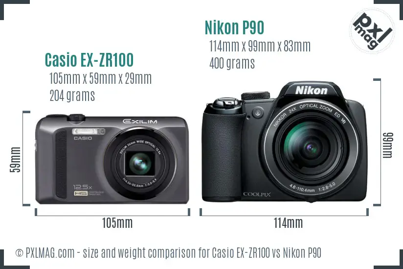 Casio EX-ZR100 vs Nikon P90 size comparison Casio EX-ZR100 vs Nikon P90 size comparison