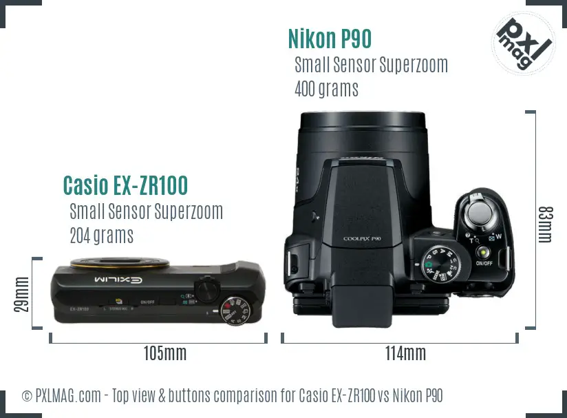 Casio EX-ZR100 vs Nikon P90 top view buttons comparison Casio EX-ZR100 vs Nikon P90 top view buttons comparison