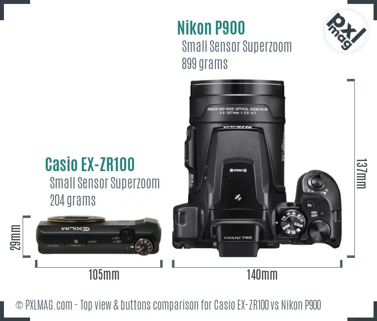 Casio EX-ZR100 vs Nikon P900 top view buttons comparison Casio EX-ZR100 vs Nikon P900 top view buttons comparison