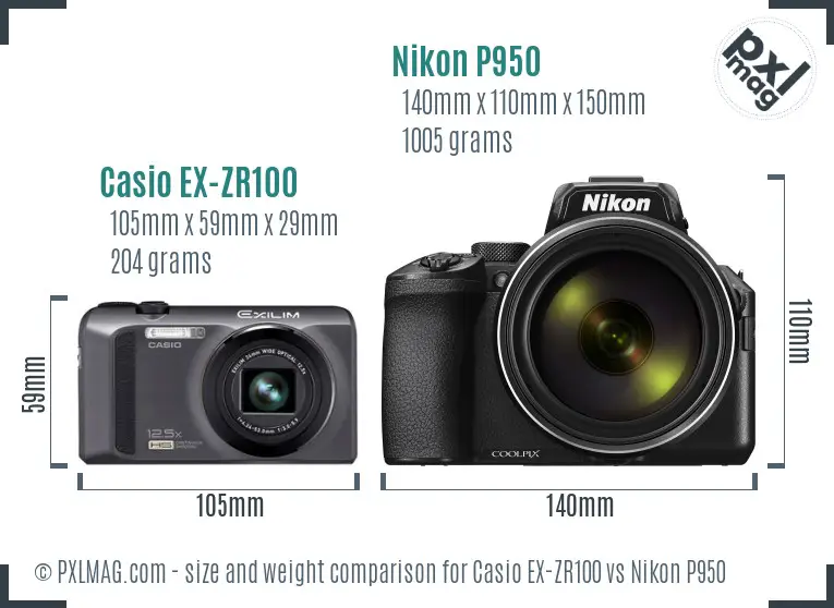 Casio EX-ZR100 vs Nikon P950 size comparison