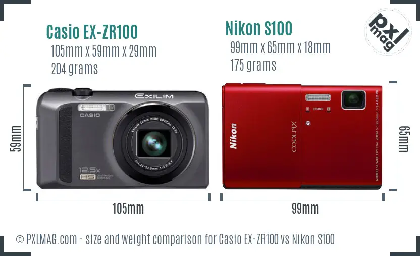 Casio EX-ZR100 vs Nikon S100 size comparison