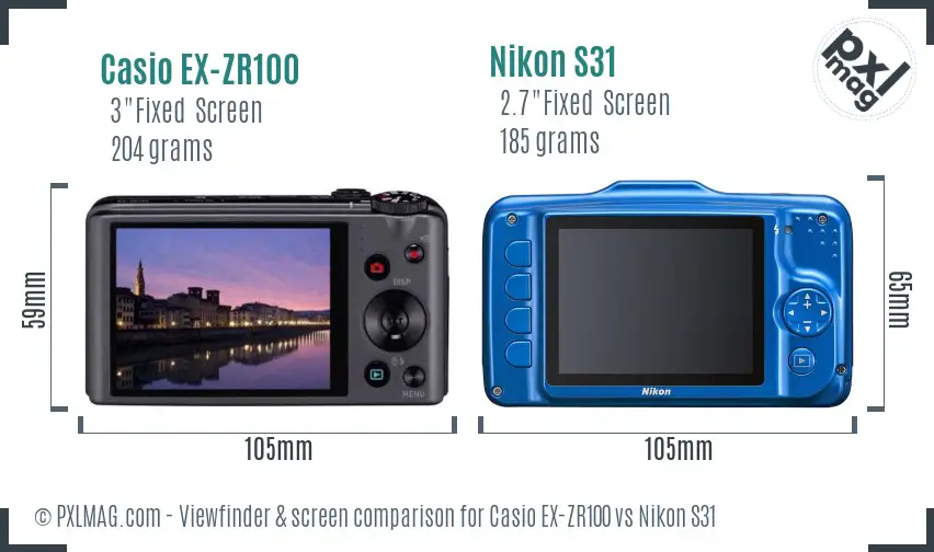 Casio EX-ZR100 vs Nikon S31 Screen and Viewfinder comparison