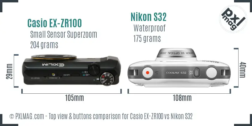 Casio EX-ZR100 vs Nikon S32 top view buttons comparison Casio EX-ZR100 vs Nikon S32 top view buttons comparison
