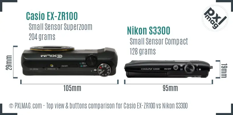 Casio EX-ZR100 vs Nikon S3300 top view buttons comparison